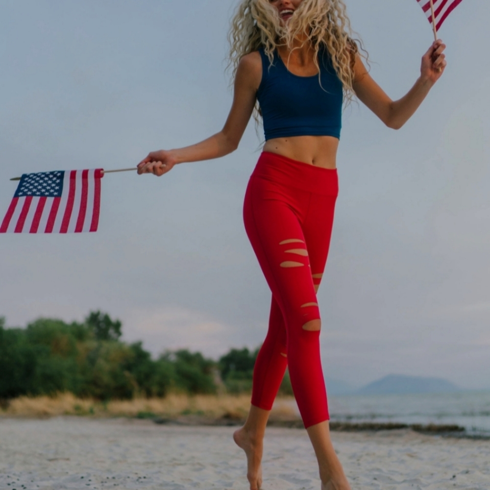 ZYIA red slashed leggings luxe